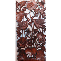 Wooden Wallhanging, Lotus And Crane, Made From Suar Wood
