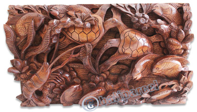 Wooden Wallhanging, Fish And Turtle From Suar Wood