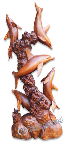 Wooden 5 Dolphins, Hand Carved From Suar Wood