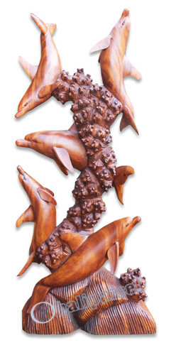 Wooden 5 Dolphins, Hand Carved From Suar Wood