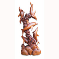 Wooden 5 Dolphins, Hand Carved From Suar Wood