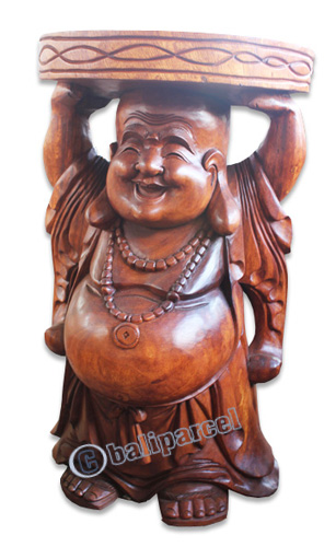 Wooden Happy Buddha Statue, Hand Carved From Suar Wood