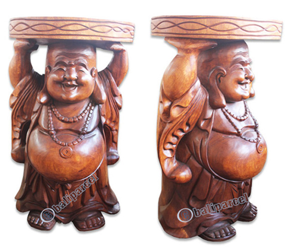 Wooden Happy Buddha Statue, Hand Carved From Suar Wood