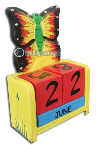Wooden Calendar With Butterfly, Hadmade From Albesia Wood