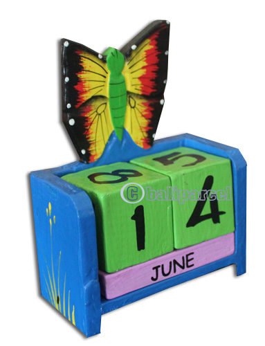 Wooden Calendar With Butterfly, Hadmade From Albesia Wood
