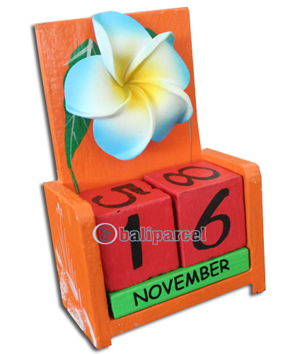 Wooden Calendar With Flower, Hadmade From Albesia Wood