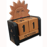 Wooden Calendar With Sun, Hadmade From Albesia Wood