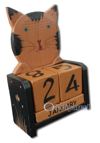 Wooden Calendar With Cat, Hadmade From Albesia Wood