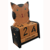 Wooden Calendar With Cat, Hadmade From Albesia Wood