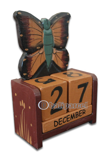 Wooden Calendar With Butterfly, Hadmade From Albesia Wood