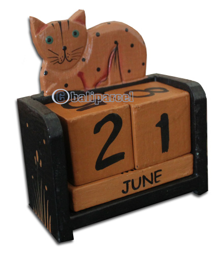 Wooden Calendar With Cat, Hadmade From Albesia Wood