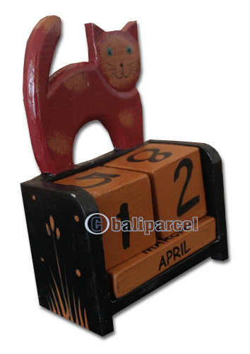 Wooden Calendar With Cat, Hadmade From Albesia Wood