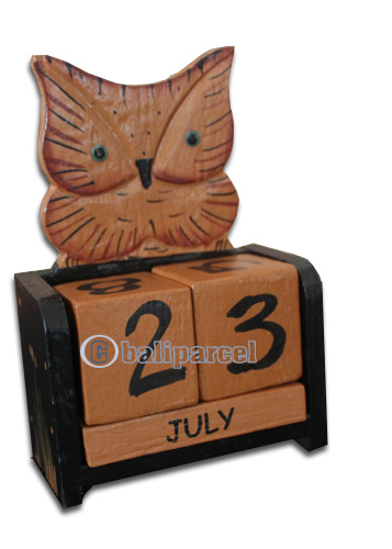 Wooden Calendar With Owl, Hadmade From Albesia Wood
