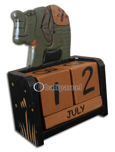 Wooden Calendar With Elephant, Hadmade From Albesia Wood
