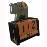 Wooden Calendar With Elephant, Hadmade From Albesia Wood