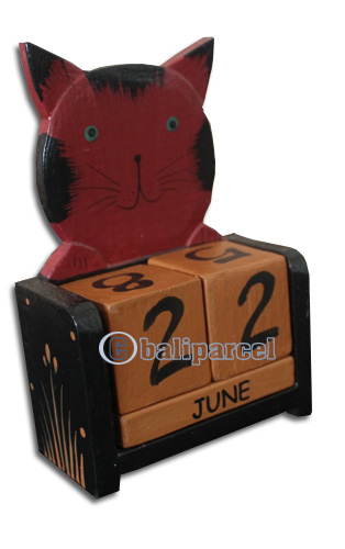 Wooden Calendar With Cat, Hadmade From Albesia Wood