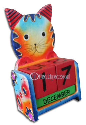 Wooden Calendar With Cat, Hadmade From Albesia Wood