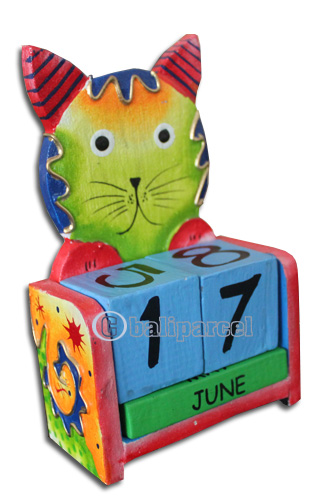 Wooden Calendar With Cat, Hadmade From Albesia Wood