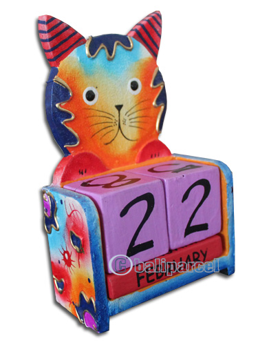 Wooden Calendar With Cat, Hadmade From Albesia Wood