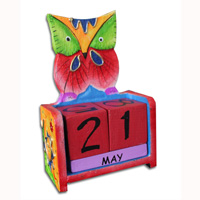 Wooden Calendar With Owl, Hadmade From Albesia Wood