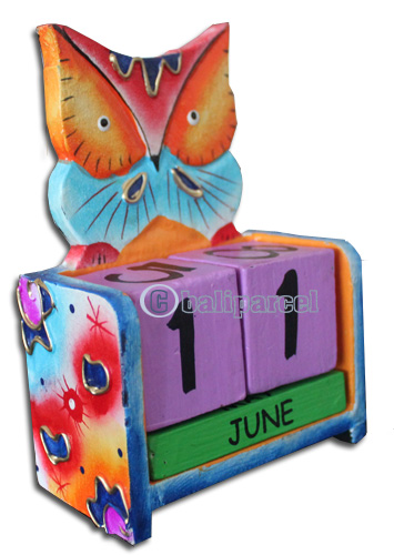Wooden Calendar With Owl, Hadmade From Albesia Wood