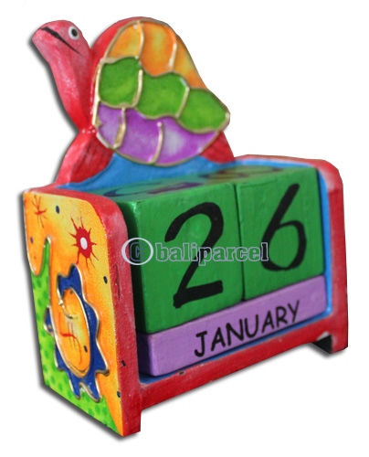 Wooden Calendar With Turtle, Hadmade From Albesia Wood