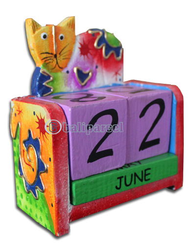 Wooden Calendar With Cat, Hadmade From Albesia Wood