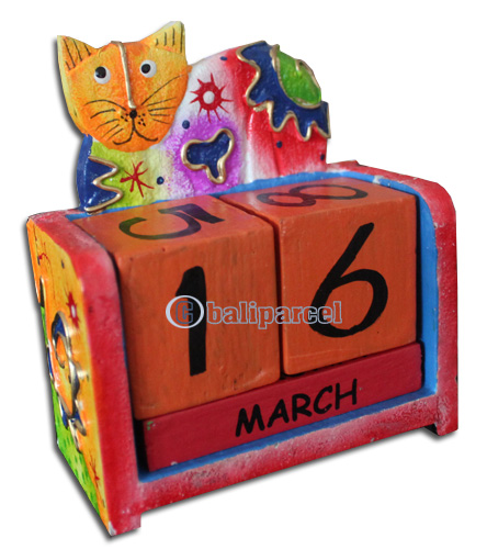 Wooden Calendar With Cat, Hadmade From Albesia Wood