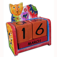 Wooden Calendar With Cat, Hadmade From Albesia Wood