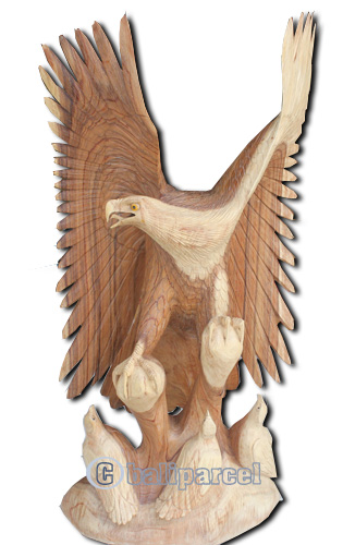 Wooden Eagle With 3 Babies, Hand Carved From Suar Wood With Natural Polish