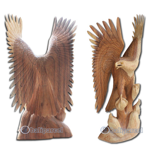 Wooden Eagle With 3 Babies, Hand Carved From Suar Wood With Natural Polish