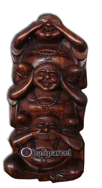 Wooden Happy Buddha, Hand Carved From Suar Wood With Brown Polish