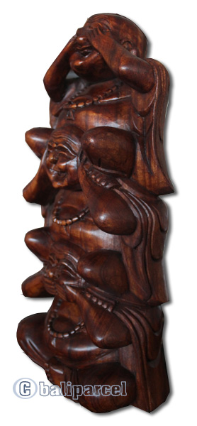 Wooden Happy Buddha, Hand Carved From Suar Wood With Brown Polish