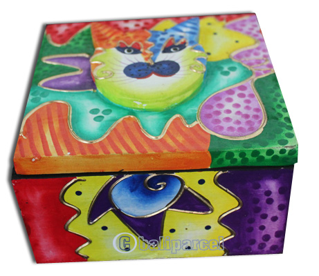 Wooden Box With Painted, Hand Carved From Albesia Wood