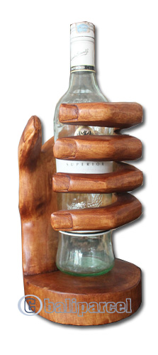 Wooden Hand Wine Bottle Holder, Hand Carved From Suar Wood With Brown Polish