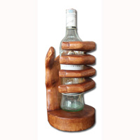 Wooden Hand Wine Bottle Holder, Hand Carved From Suar Wood With Brown Polish
