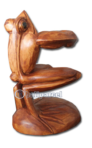 Wooden Frog Wine Bottle Holder, Hand Carved From Suar Wood With Brown Polish