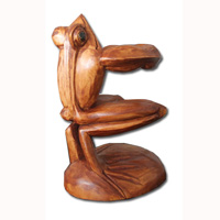 Wooden Frog Wine Bottle Holder, Hand Carved From Suar Wood With Brown Polish