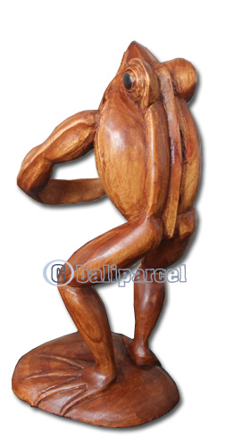Wooden Frog Wine Bottle Holder, Hand Carved From Suar Wood With Brown Polish