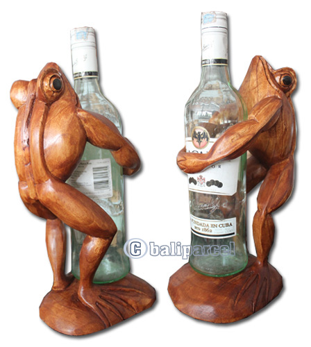 Wooden Frog Wine Bottle Holder, Hand Carved From Suar Wood With Brown Polish