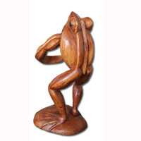 Wooden Frog Wine Bottle Holder, Hand Carved From Suar Wood With Brown Polish