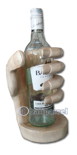 Wooden Hand Wine Bottle Holder, Hand Carved From Suar Wood With Natural Polish