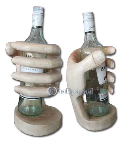 Wooden Hand Wine Bottle Holder, Hand Carved From Suar Wood With Natural Polish
