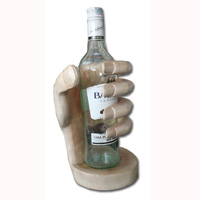 Wooden Hand Wine Bottle Holder, Hand Carved From Suar Wood With Natural Polish