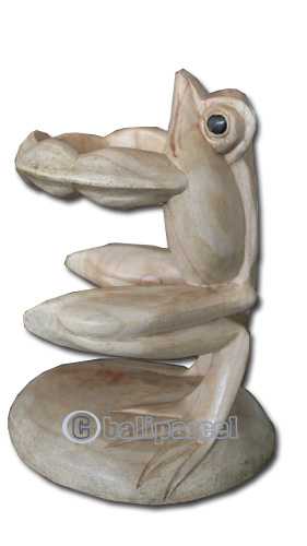 Wooden Frog Wine Bottle Holder, Hand Carved From Suar Wood With Natural Polish