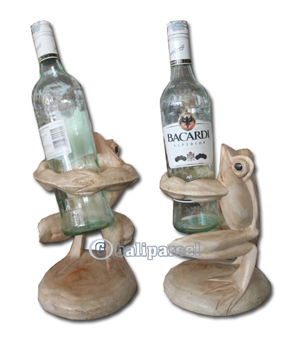 Wooden Frog Wine Bottle Holder, Hand Carved From Suar Wood With Natural Polish