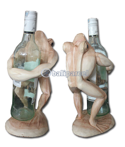 Wooden Frog Wine Bottle Holder, Hand Carved From Suar Wood With Natural Polish