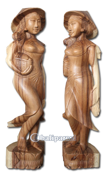 Wooden Balinese Statue, Hand Carved From Suar Wood Natutral Polish