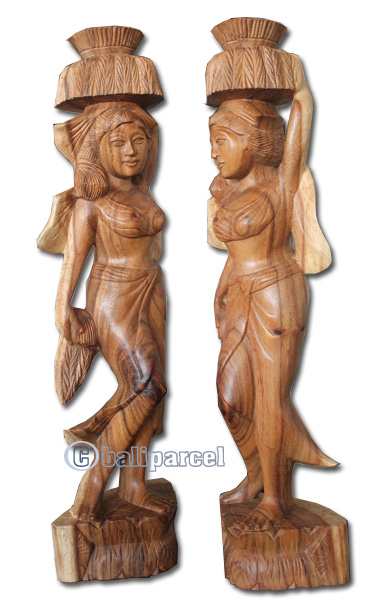 Wooden Balinese Statue, Hand Carved From Suar Wood Natutral Polish