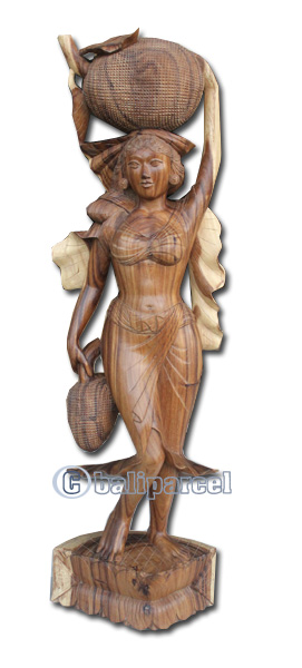 Wooden Balinese Statue, Hand Carved From Suar Wood Natutral Polish
